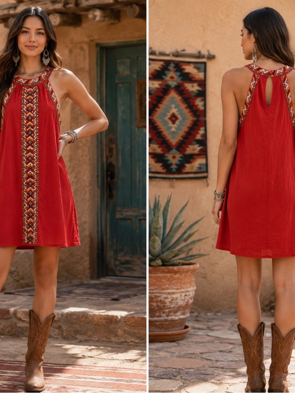 THML Sleeveless Red/Orange Embroidered Halter Dress